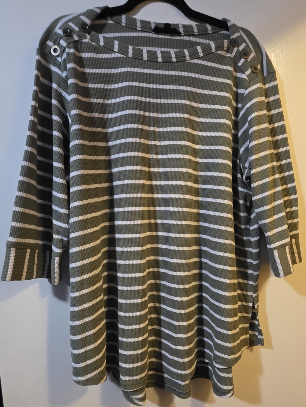 Jane and Delancey Olive Green & White Striped Button-Shoulder Tunic